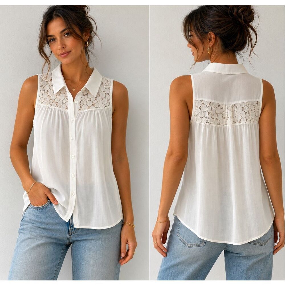 Gypsy Queen White Lace Sleeveless Button Front Blouse Size S